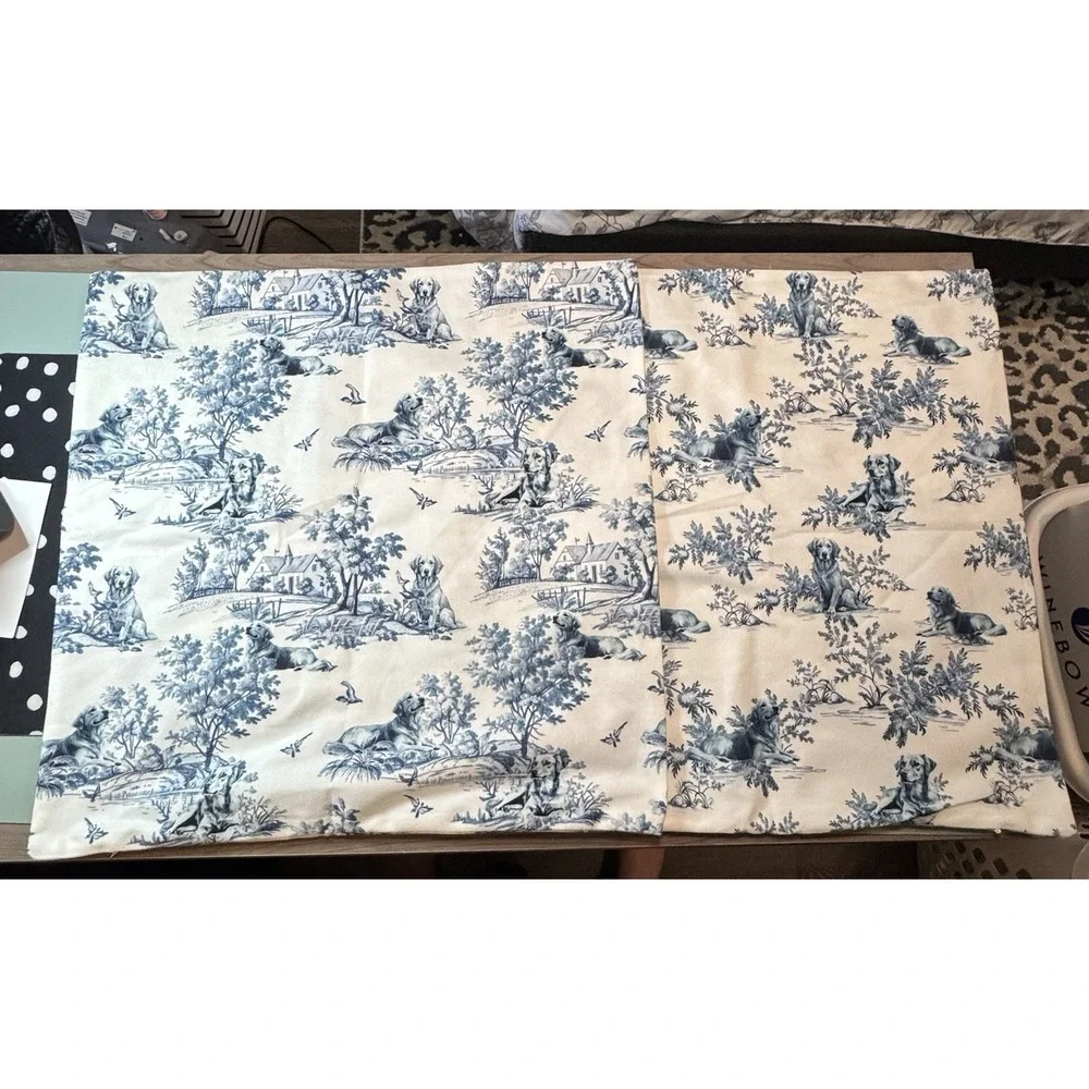 Set of 2 Toile Blue French Country 18x18 Throw Pillow Covers Golden Retrievers